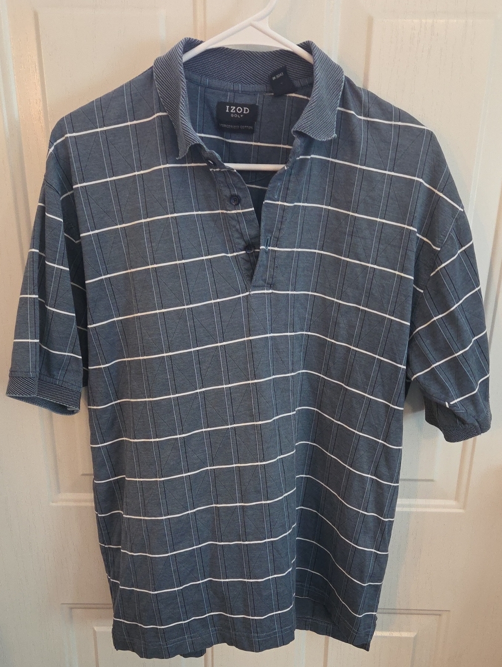 Izod Men’s Blue Polo with White Windowpane Stripes Size Medium